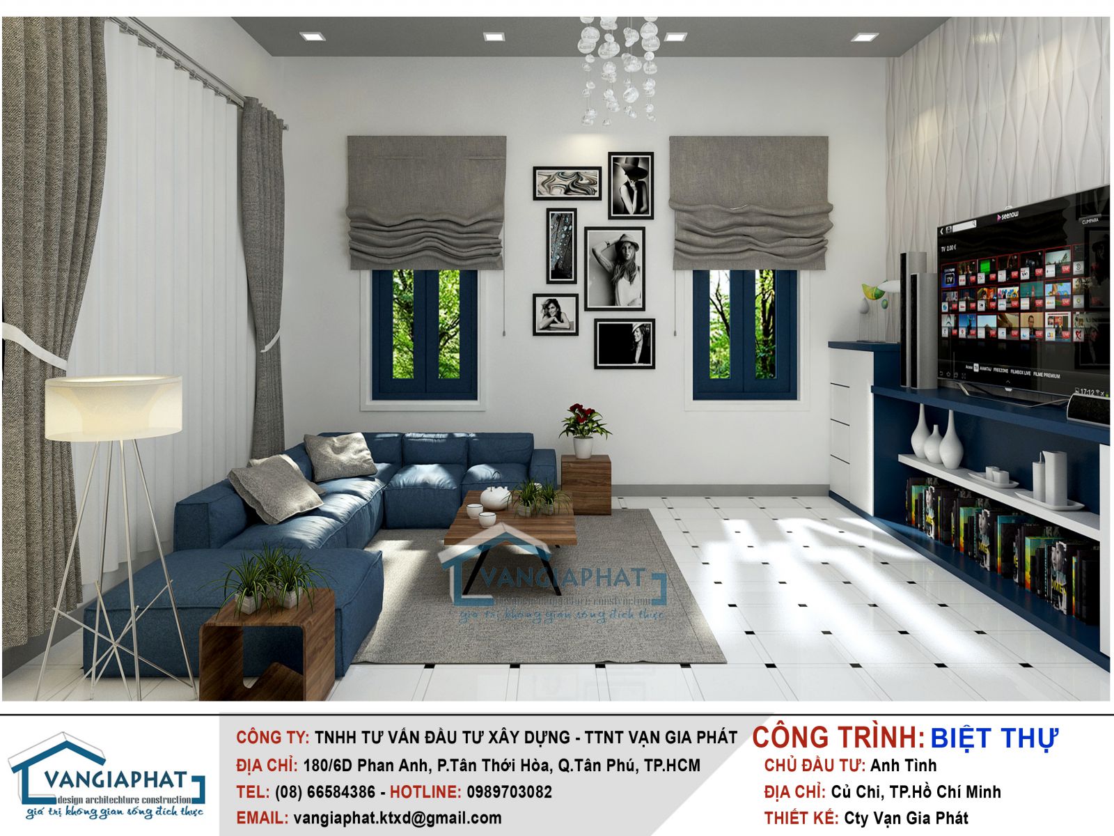 Sử dụng tông màu xanh dương làm điểm nhấn cho phòng khách, kết hợp với cửa và nội thất cùng màu