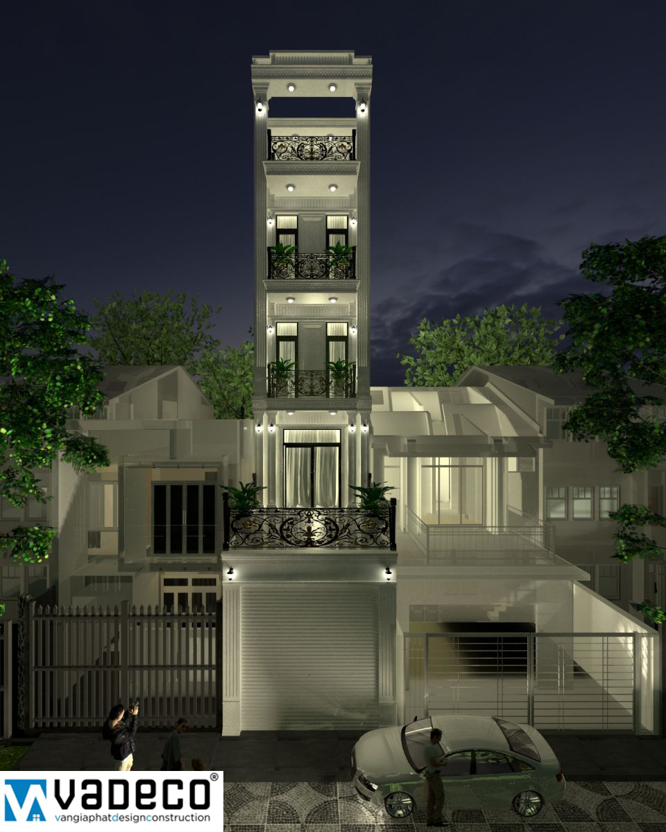 Phối cảnh ban đêm nhà phố cổ điển 5 tầng diện tích 4x20m