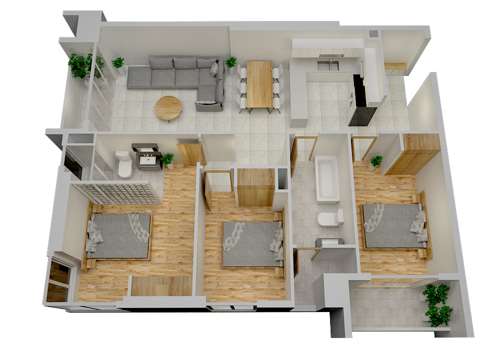 Bản vẽ 3D tổng quan về bố trí nội thất căn hộ